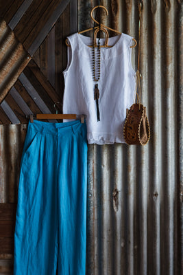 Savannah Linen Trouser Pants - Blue